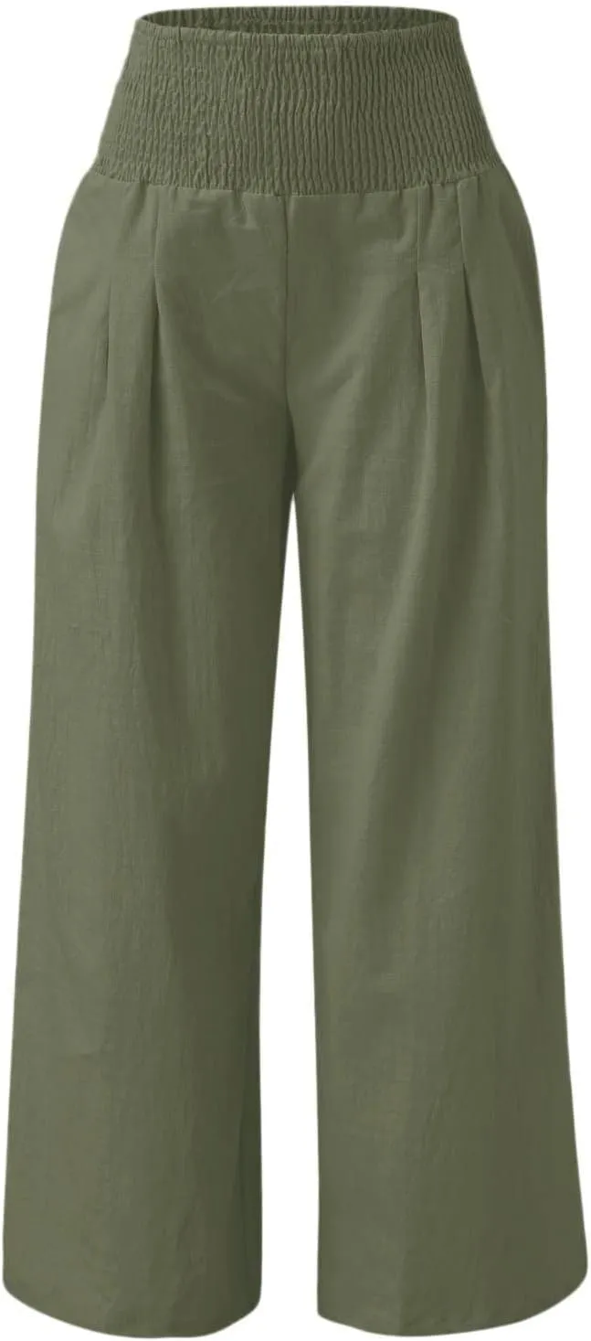 Palazzo Pants for Women Wide Leg High Waist Linen Trousers Stretchy Fall Casual Loose Comfy Pant with Pockets