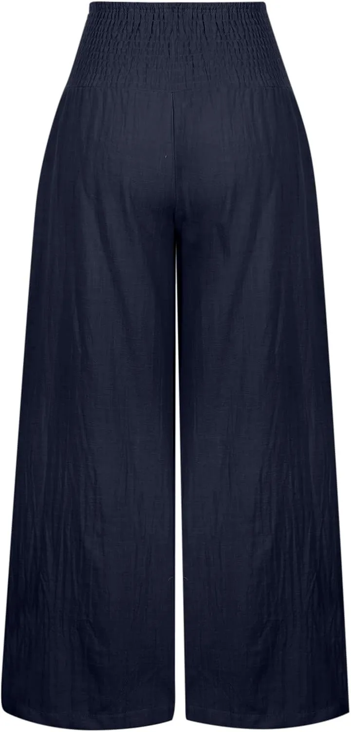 Palazzo Pants for Women Wide Leg High Waist Linen Trousers Stretchy Fall Casual Loose Comfy Pant with Pockets