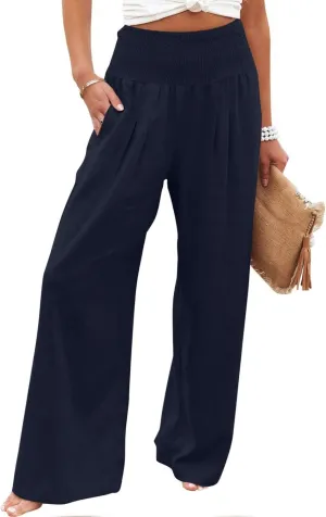 Palazzo Pants for Women Wide Leg High Waist Linen Trousers Stretchy Fall Casual Loose Comfy Pant with Pockets