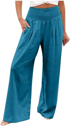 Palazzo Pants for Women Wide Leg High Waist Linen Trousers Stretchy Fall Casual Loose Comfy Pant with Pockets