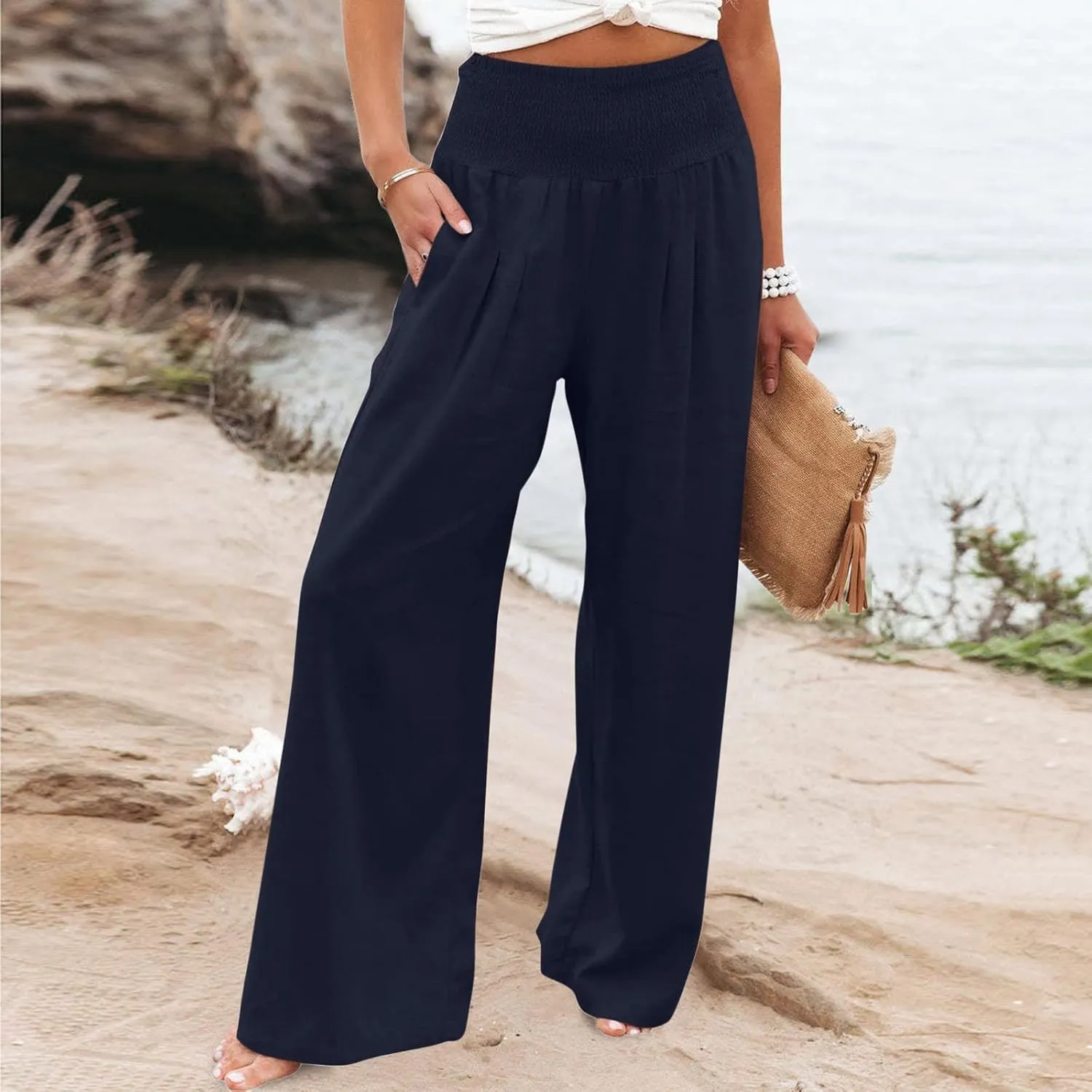Palazzo Pants for Women Wide Leg High Waist Linen Trousers Stretchy Fall Casual Loose Comfy Pant with Pockets