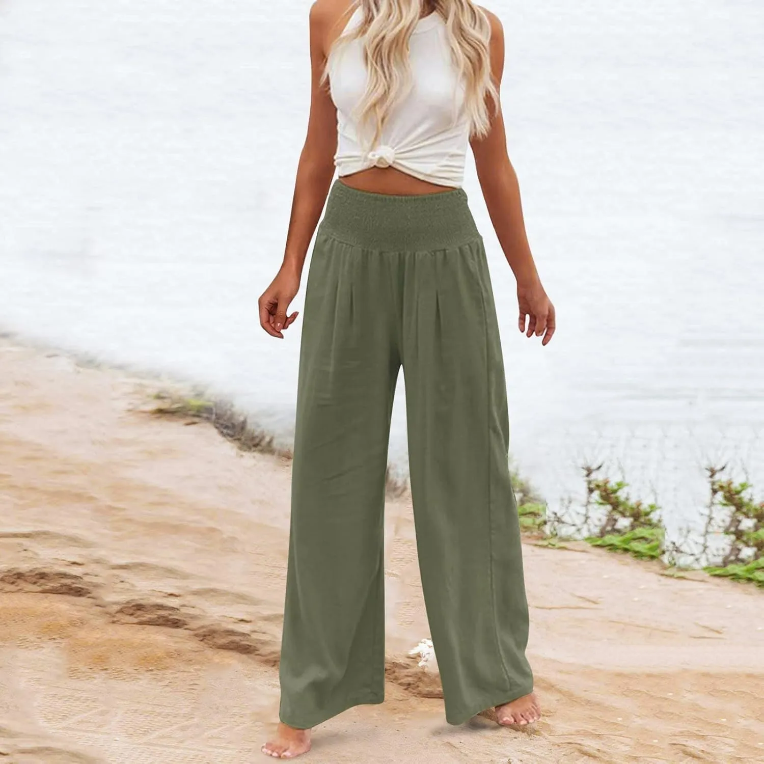 Palazzo Pants for Women Wide Leg High Waist Linen Trousers Stretchy Fall Casual Loose Comfy Pant with Pockets