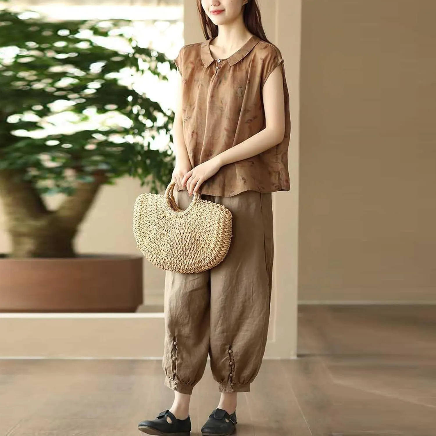 Pants for Women, Casual Pants Women's Peasant Straight Leg Linen Plaid Loose
