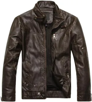 PASOK Men's Faux Leather Jacket Vintage Stand Collar Motorcycle PU Leather Outwear Coat