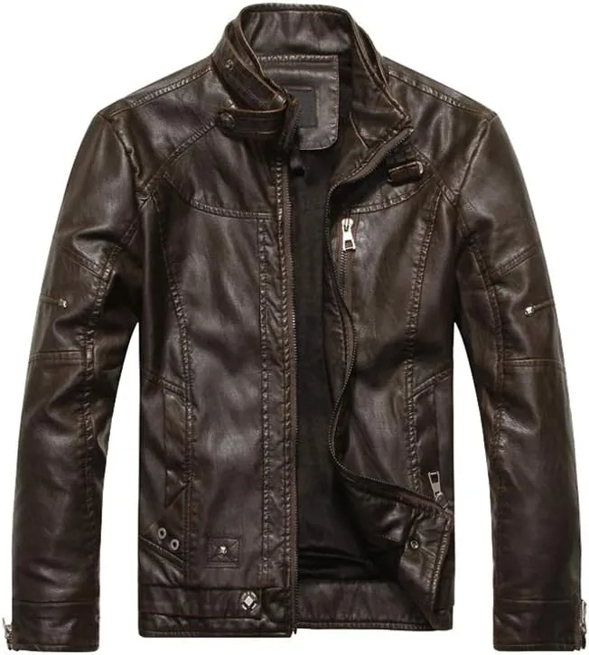 PASOK Men's Faux Leather Jacket Vintage Stand Collar Motorcycle PU Leather Outwear Coat