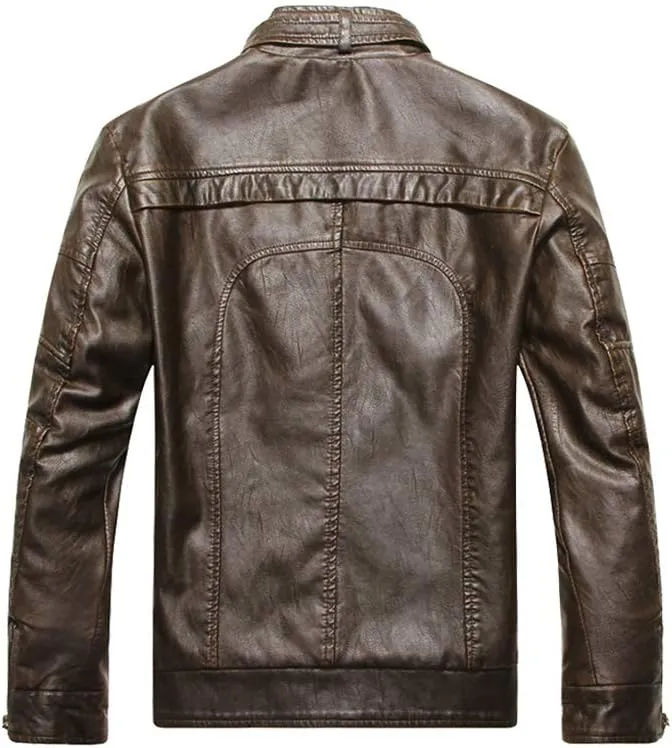 PASOK Men's Faux Leather Jacket Vintage Stand Collar Motorcycle PU Leather Outwear Coat