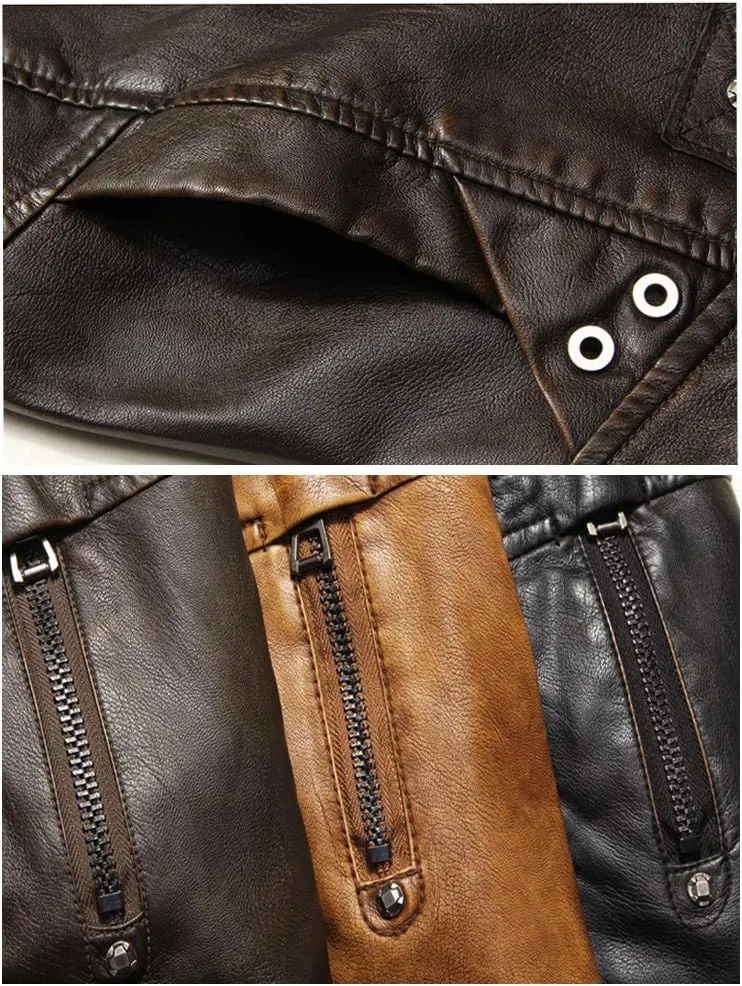 PASOK Men's Faux Leather Jacket Vintage Stand Collar Motorcycle PU Leather Outwear Coat