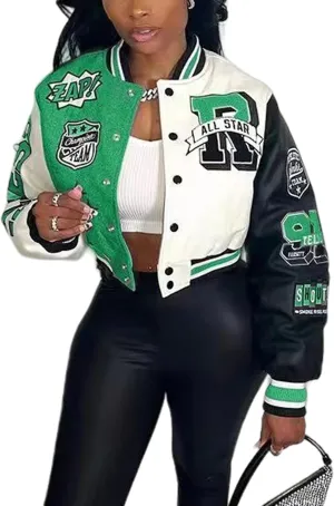 Perbai Women's Cropped Varsity Jacket Colorblock Letter Print Button Down Letterman Bomber Coat with Pockets Y2K Streetwear