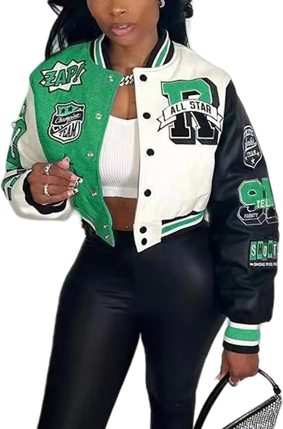 Perbai Women's Cropped Varsity Jacket Colorblock Letter Print Button Down Letterman Bomber Coat with Pockets Y2K Streetwear