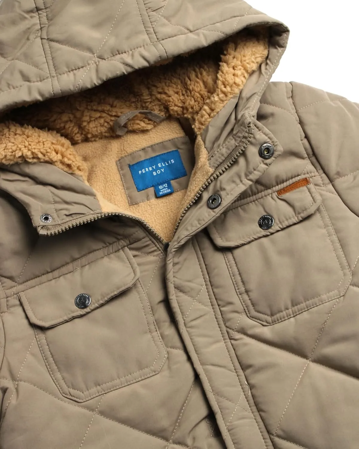 Perry Ellis Boys' Winter Jacket - Suede Microber Quilted Jacket with Hood - Warm Insulated Outerwear Jacket for Boys (8-18)