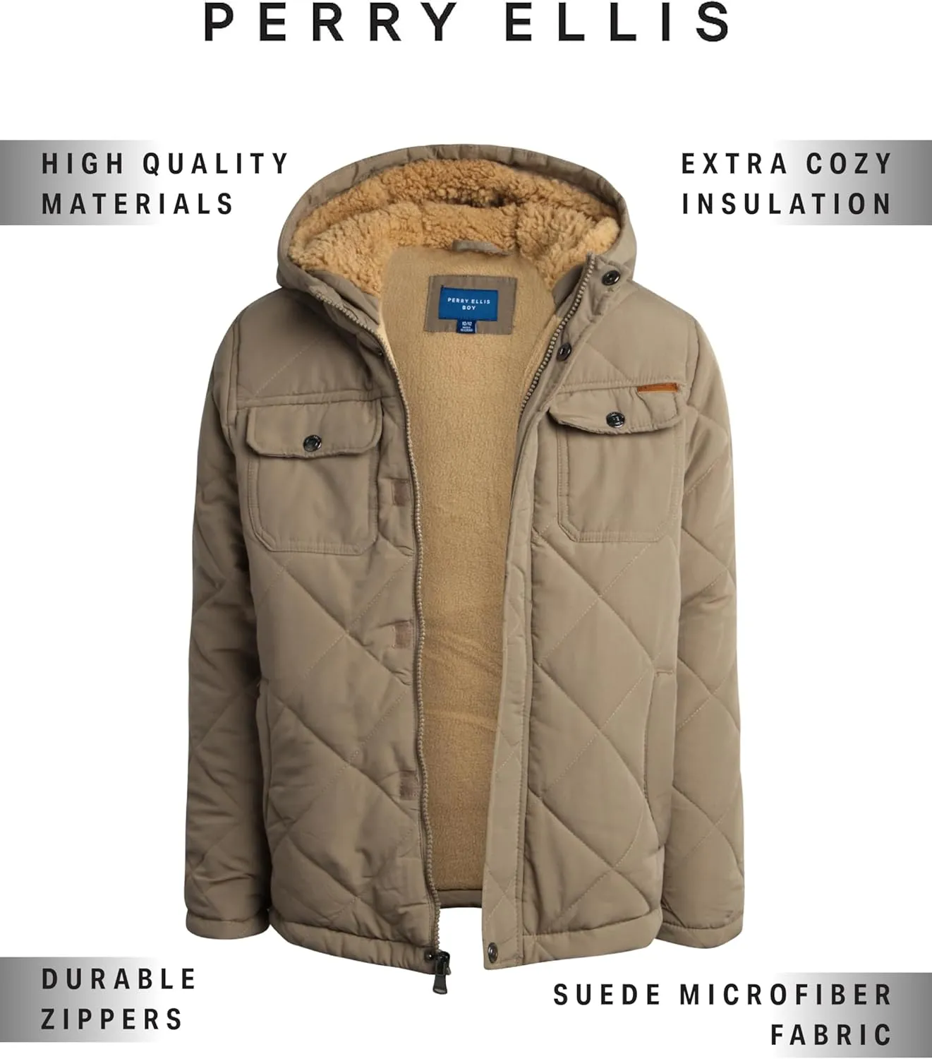 Perry Ellis Boys' Winter Jacket - Suede Microber Quilted Jacket with Hood - Warm Insulated Outerwear Jacket for Boys (8-18)