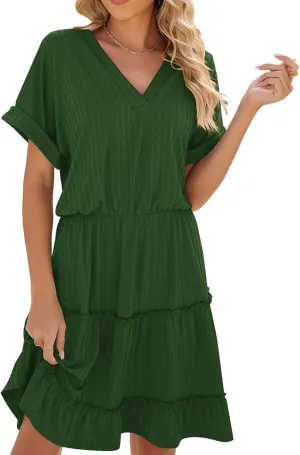 PerZeal Women's Casual V Neck Short Sleeve Tiered Dress Ruffle Hem A-Line Flowy Swing Midi Dresses