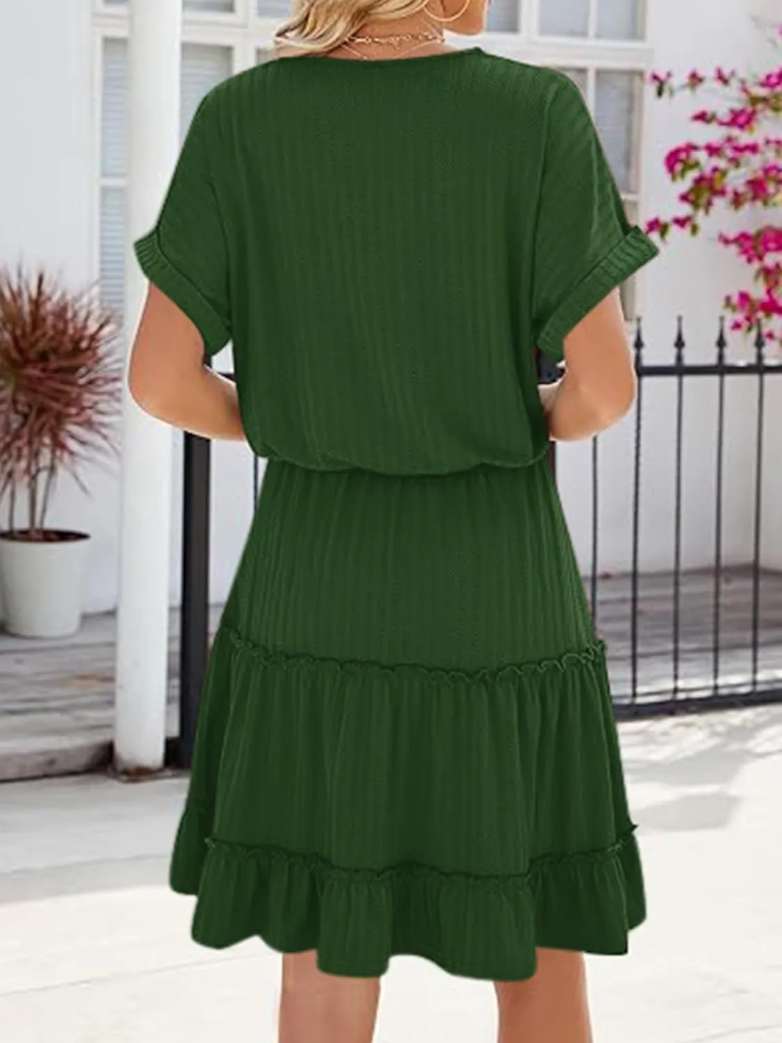 PerZeal Women's Casual V Neck Short Sleeve Tiered Dress Ruffle Hem A-Line Flowy Swing Midi Dresses