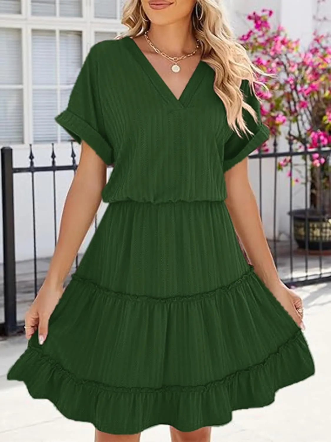 PerZeal Women's Casual V Neck Short Sleeve Tiered Dress Ruffle Hem A-Line Flowy Swing Midi Dresses