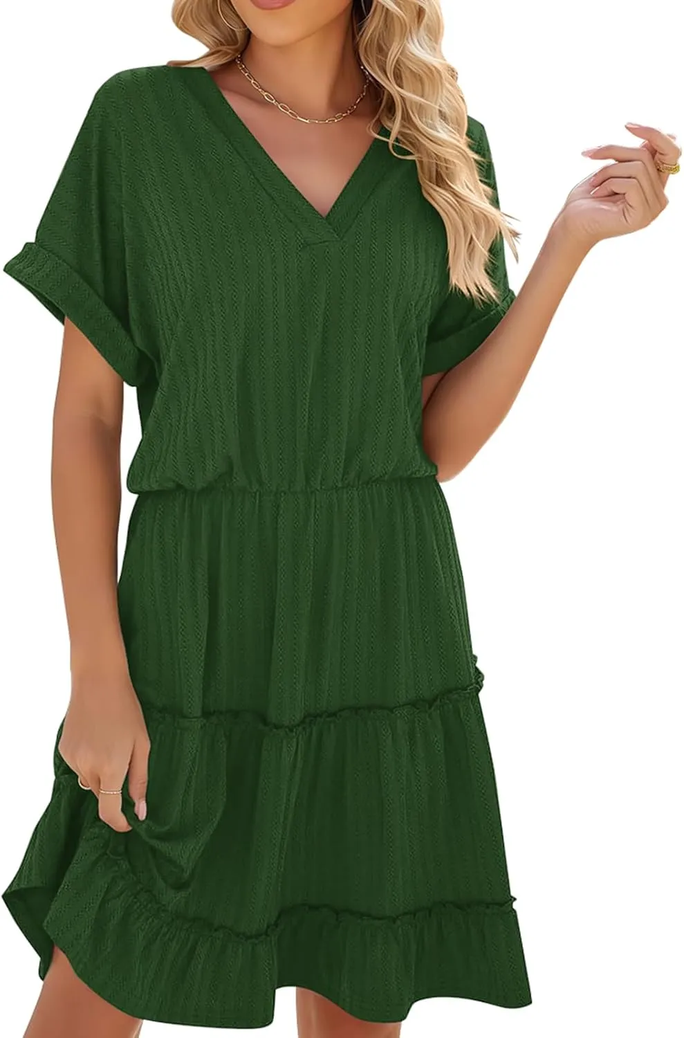 PerZeal Women's Casual V Neck Short Sleeve Tiered Dress Ruffle Hem A-Line Flowy Swing Midi Dresses