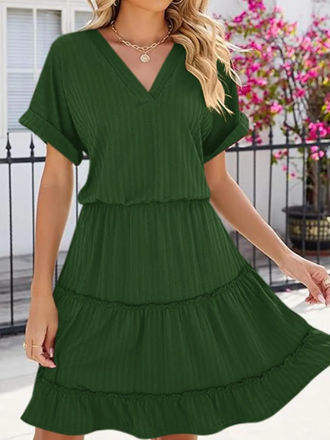 PerZeal Women's Casual V Neck Short Sleeve Tiered Dress Ruffle Hem A-Line Flowy Swing Midi Dresses