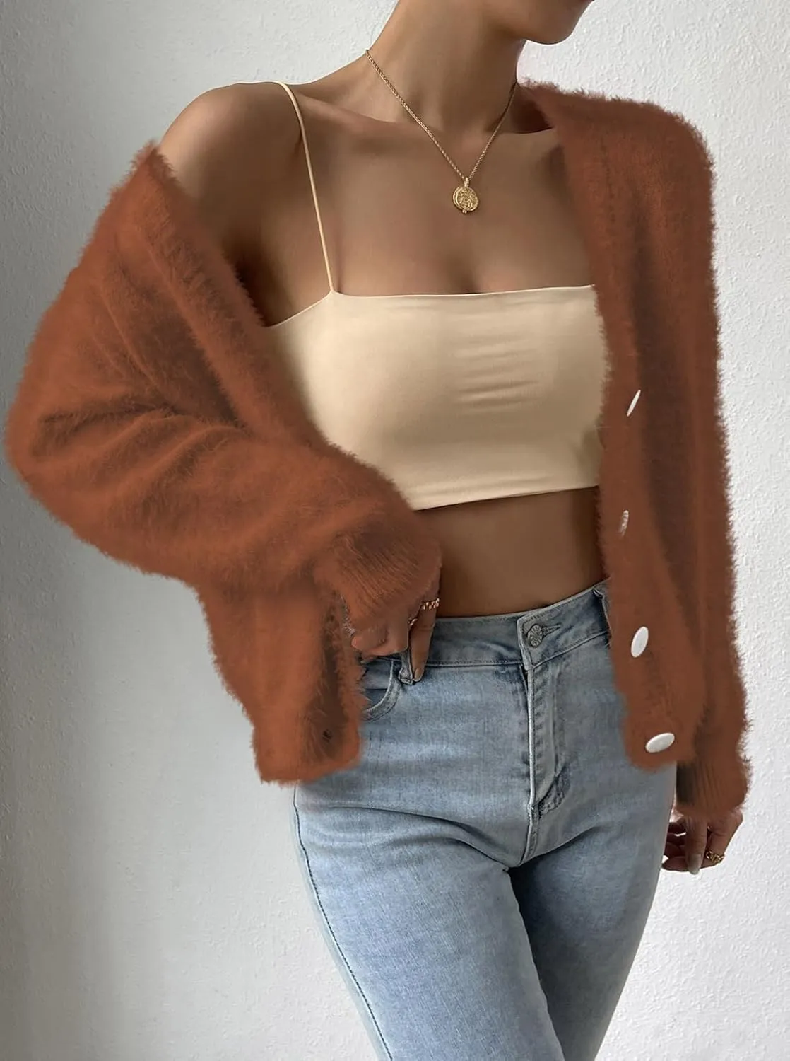 Pink Queen Women's Furry Cropped Cardigan Batwing Sleeves Open Front V-Neck Button Down Loose Casual Knit Sweater Coat