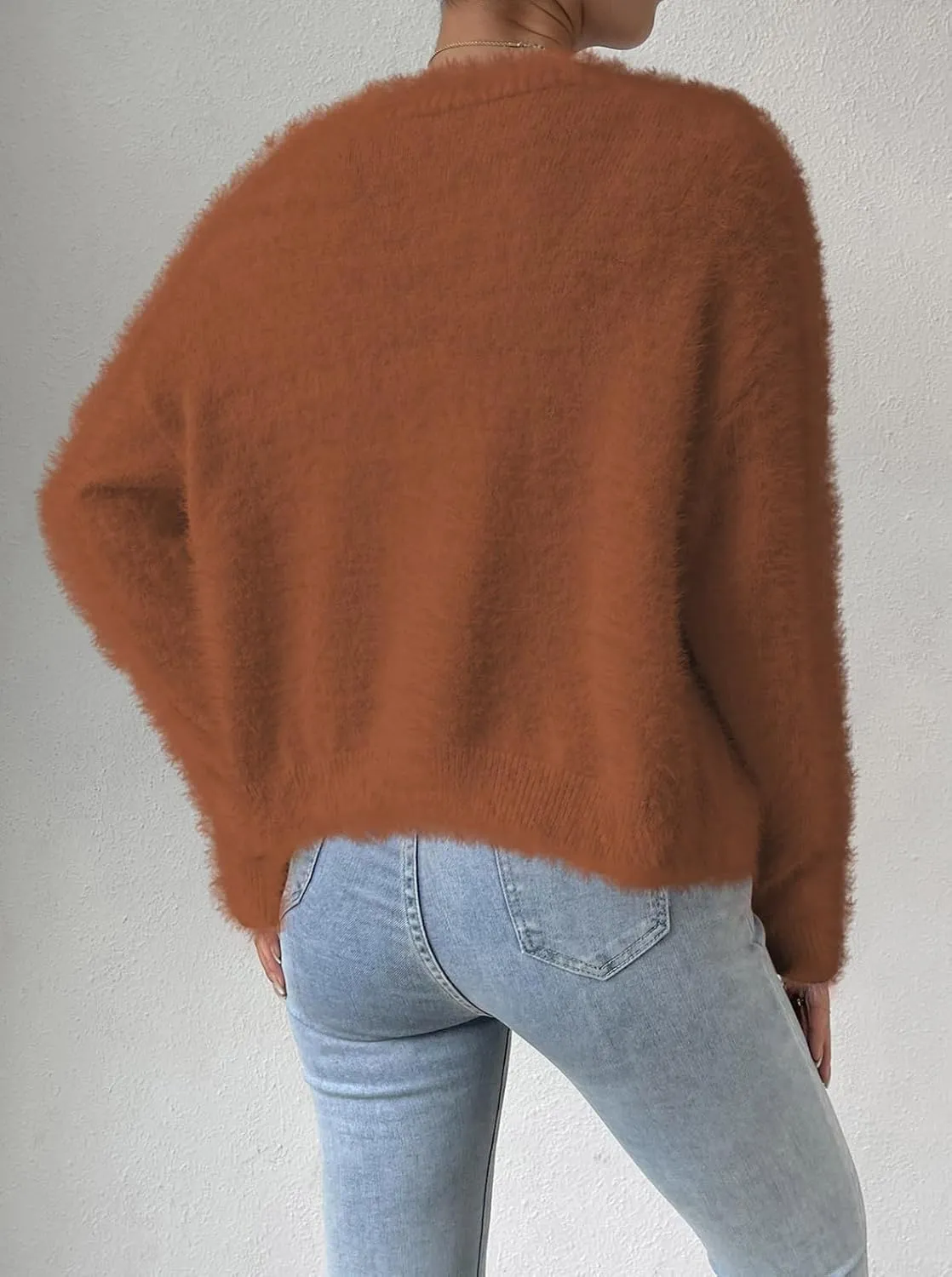Pink Queen Women's Furry Cropped Cardigan Batwing Sleeves Open Front V-Neck Button Down Loose Casual Knit Sweater Coat