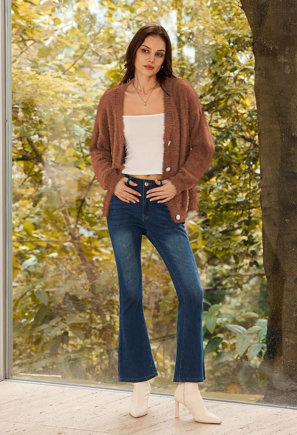 Pink Queen Women's Furry Cropped Cardigan Batwing Sleeves Open Front V-Neck Button Down Loose Casual Knit Sweater Coat