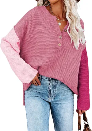 Pink Queen Women's V Neck Button Sweater Oversized Batwing Long Sleeve Henley Pullover Knit Jumper Top