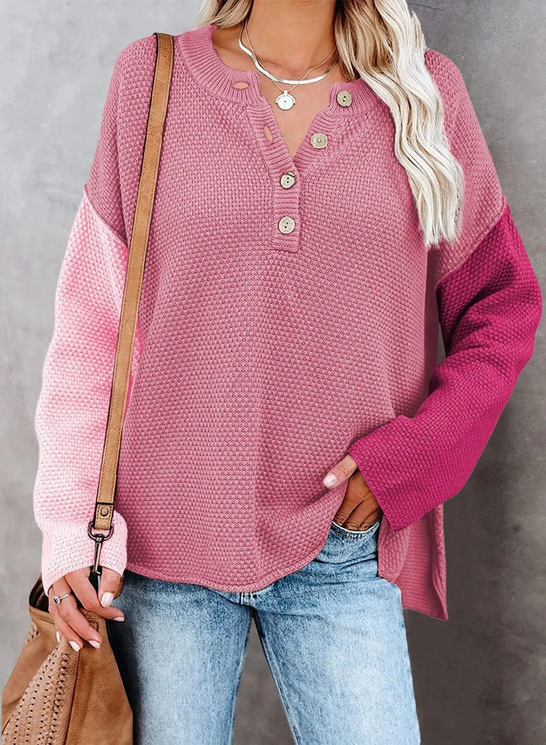 Pink Queen Women's V Neck Button Sweater Oversized Batwing Long Sleeve Henley Pullover Knit Jumper Top