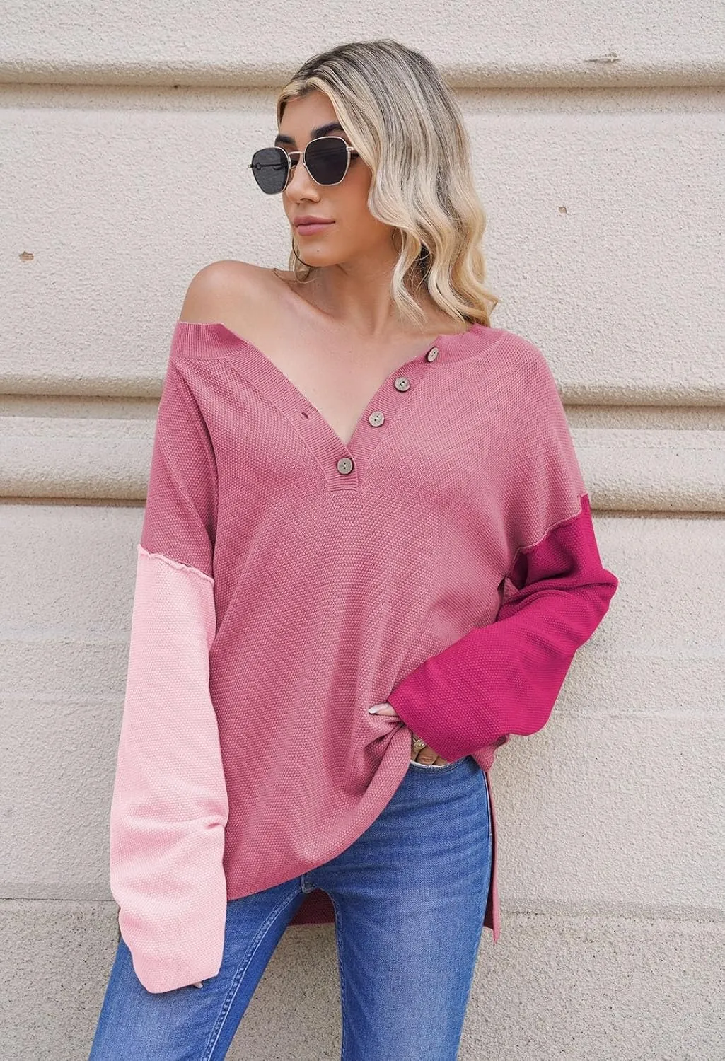 Pink Queen Women's V Neck Button Sweater Oversized Batwing Long Sleeve Henley Pullover Knit Jumper Top