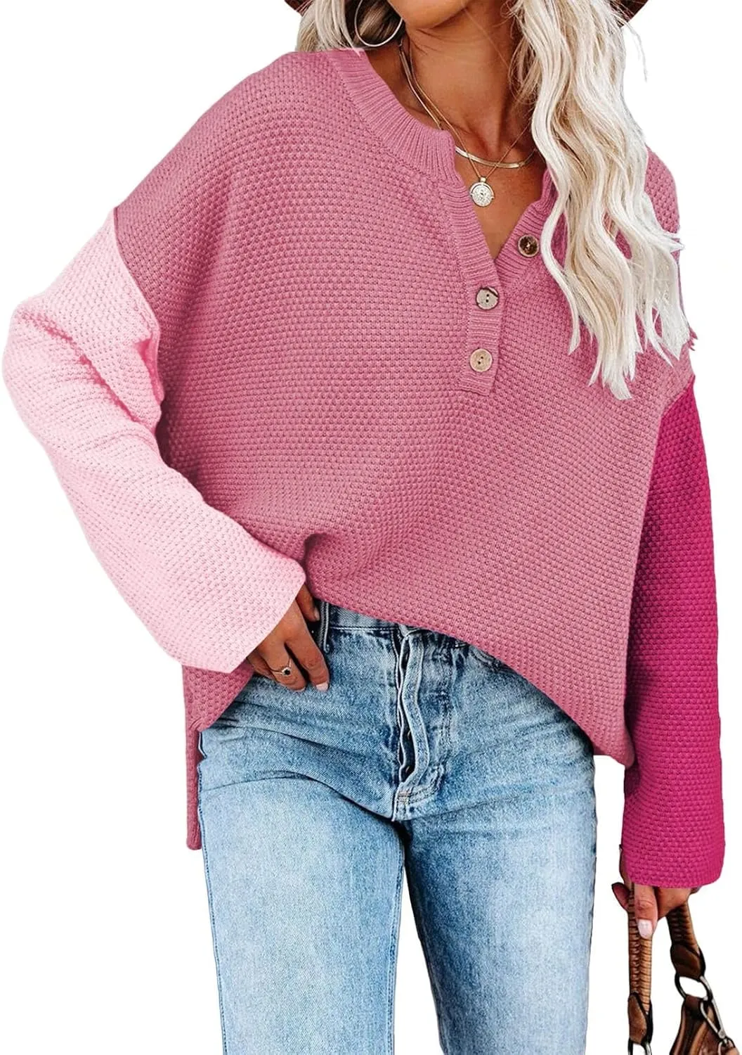 Pink Queen Women's V Neck Button Sweater Oversized Batwing Long Sleeve Henley Pullover Knit Jumper Top