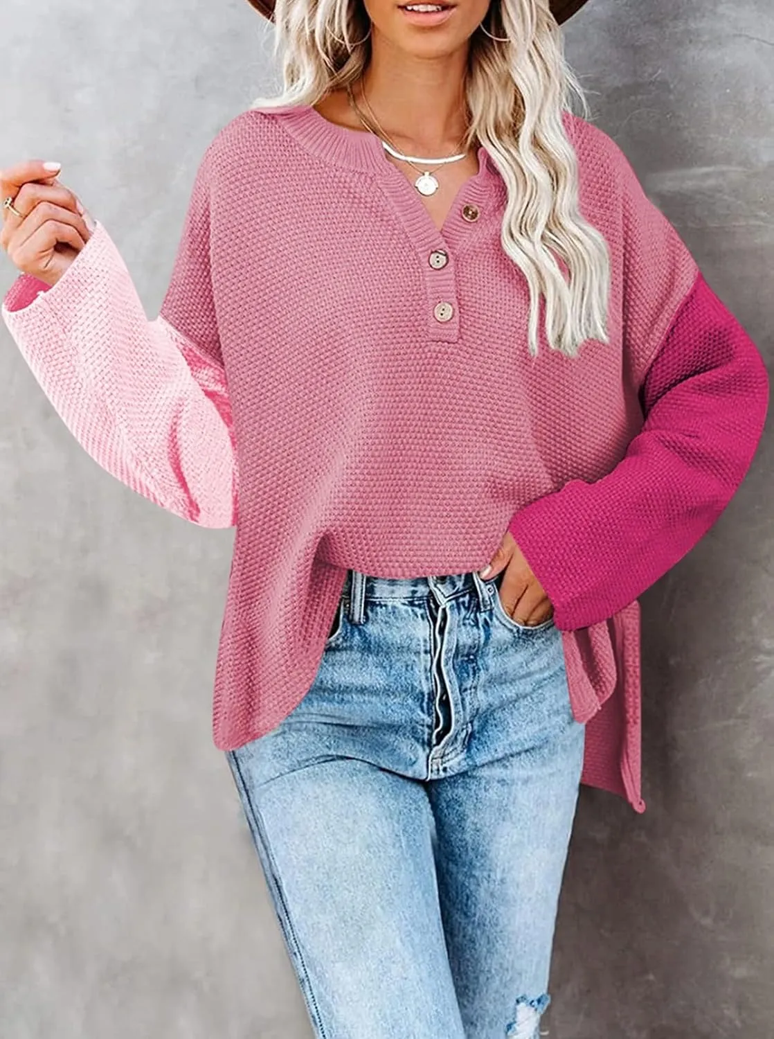 Pink Queen Women's V Neck Button Sweater Oversized Batwing Long Sleeve Henley Pullover Knit Jumper Top