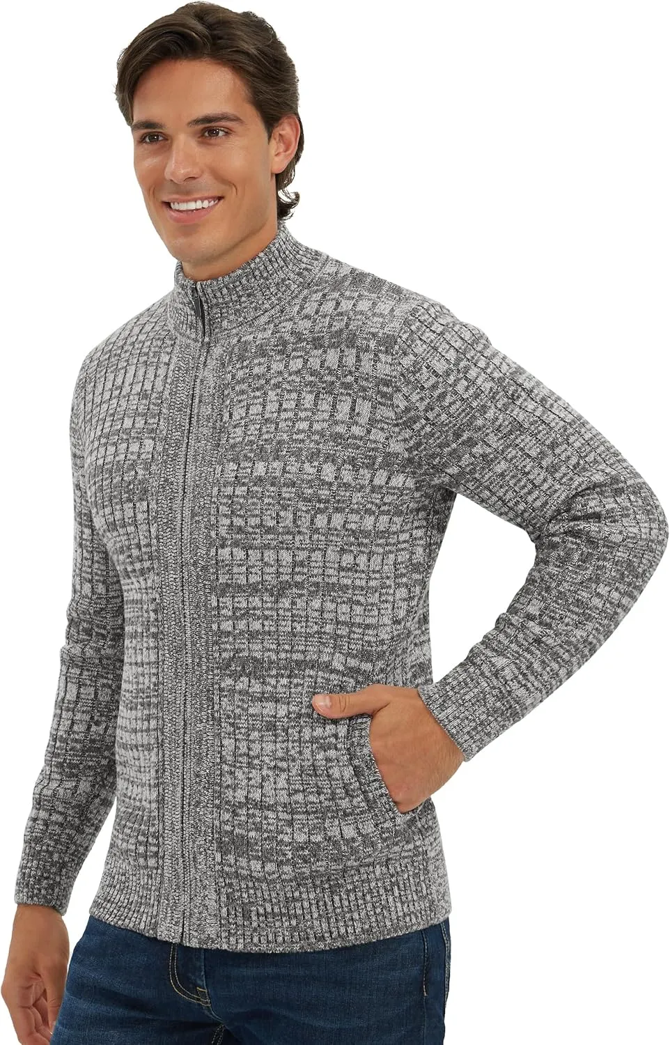 Pioneer Camp Men's Cardigan Sweaters Full Zip Up Stand Collar Slim Fit Casual Knitted Sweater with 2 Front Pockets