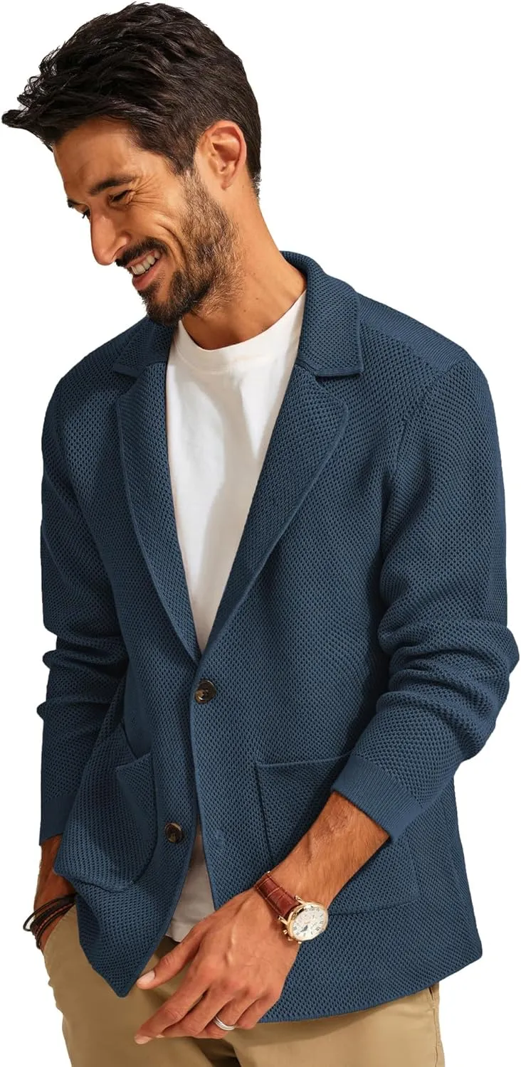 PJ PAUL JONES Mens Notch Collar Cardigan Sweaters Knit Textured Sweater Button Down Blazer with Pockets