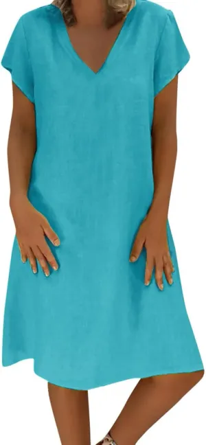 Plus Size Cotton Linen Dresses for Women 2024 Trendy, Summer Casual V-Neck Solid Short Sleeve Loose Beach Midi Dress Women Dresses Dressy Women Dresses Summer 2024 Blue