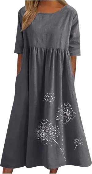 Plus Size Cotton Linen Dresses for Women Casual Summer Short Sleeve Crewneck Shirt Dress Loose Flowy Long Dress