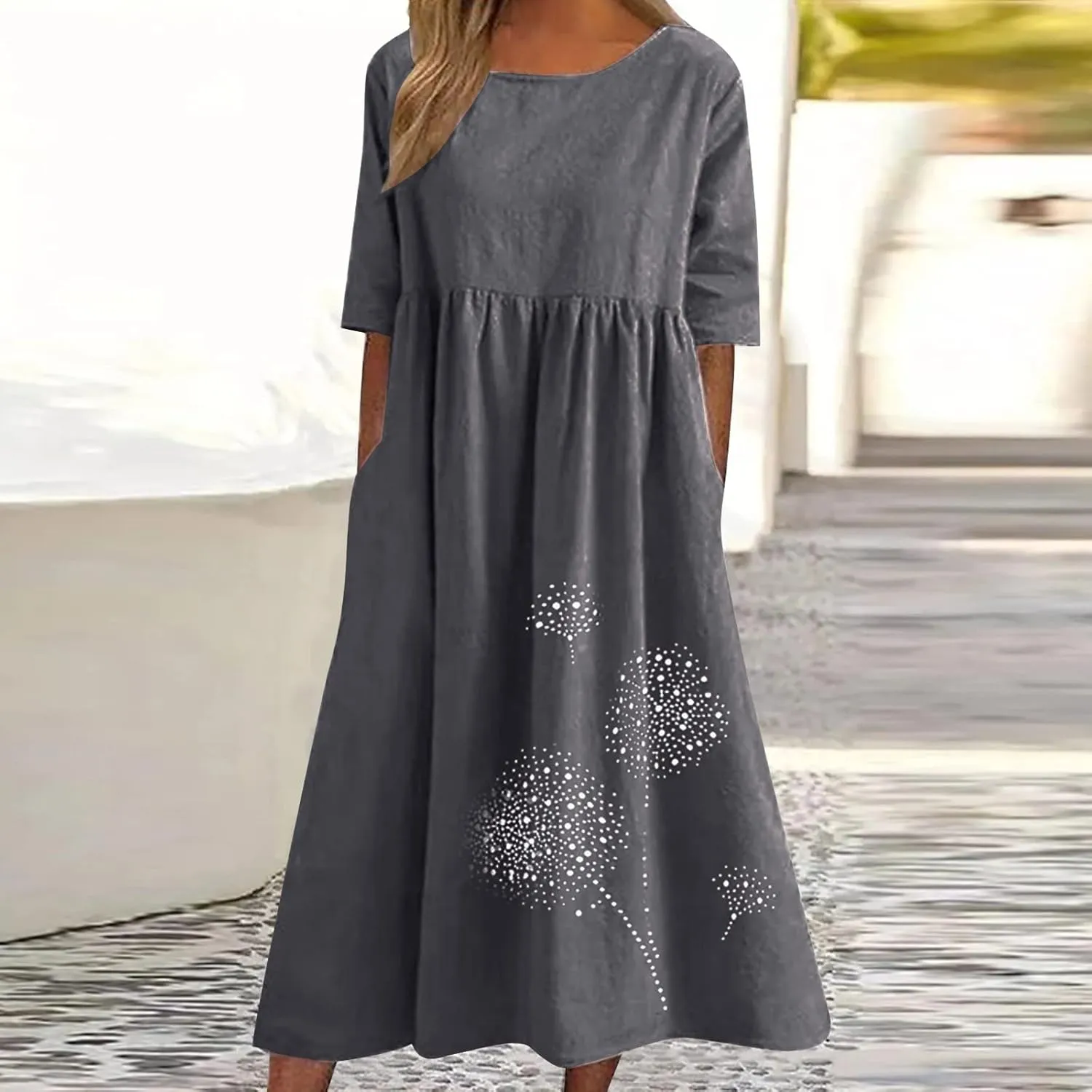 Plus Size Cotton Linen Dresses for Women Casual Summer Short Sleeve Crewneck Shirt Dress Loose Flowy Long Dress