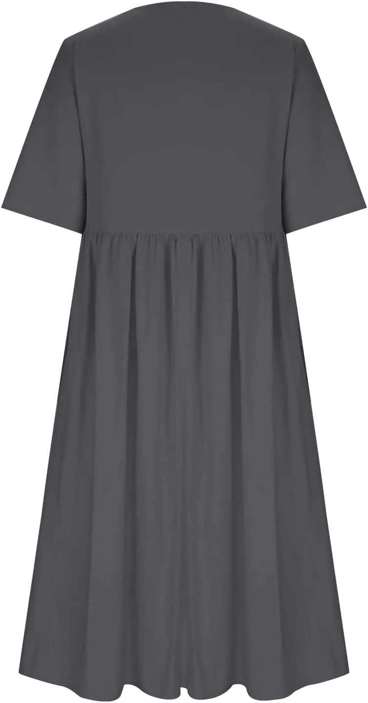 Plus Size Cotton Linen Dresses for Women Casual Summer Short Sleeve Crewneck Shirt Dress Loose Flowy Long Dress
