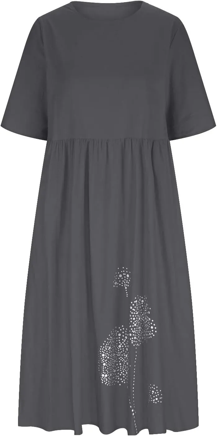 Plus Size Cotton Linen Dresses for Women Casual Summer Short Sleeve Crewneck Shirt Dress Loose Flowy Long Dress