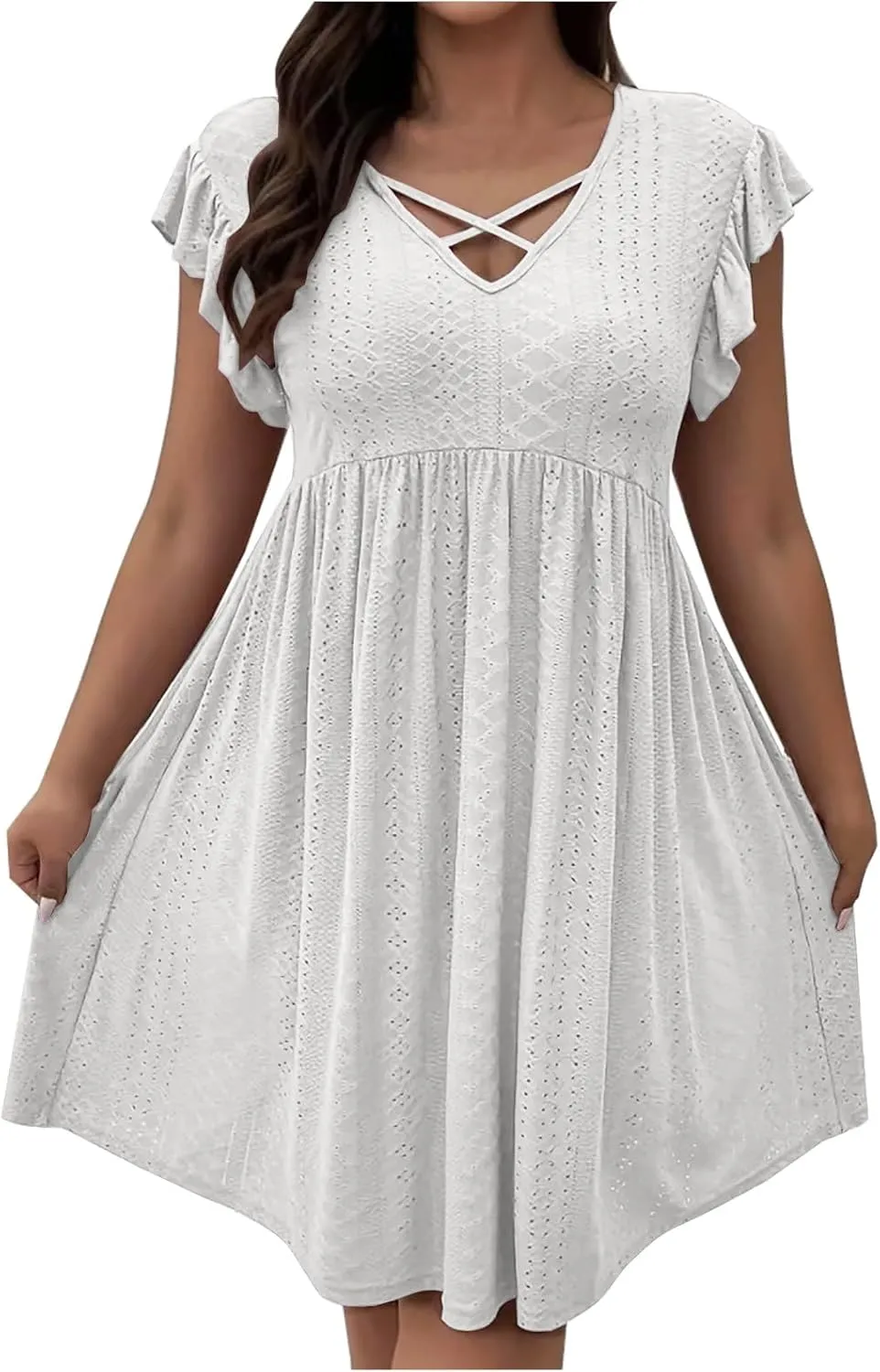Plus Size Dresses for Curvy Women Criss Cross V Neck Ruffle Sleeve Mini Dress High Waist Hollow Out Lounge Dress