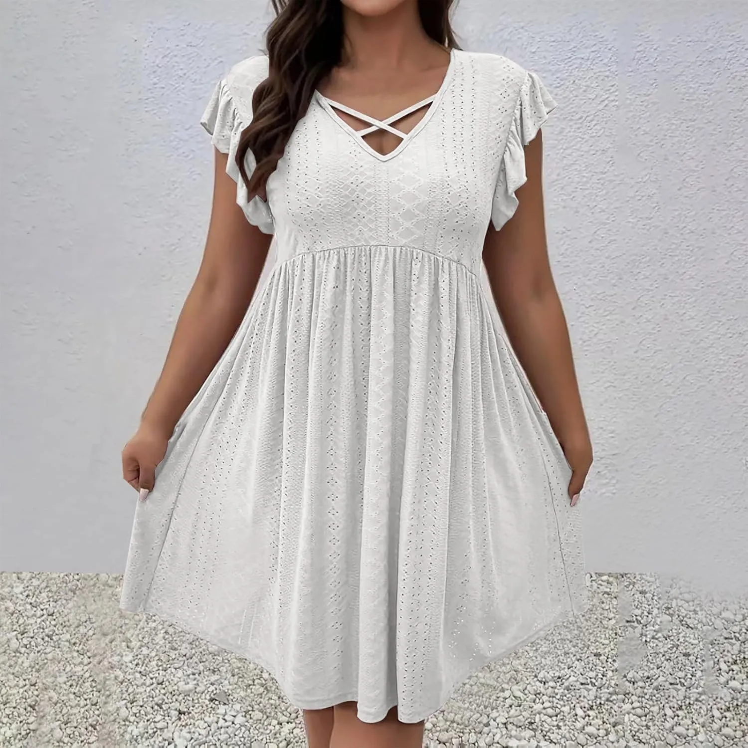 Plus Size Dresses for Curvy Women Criss Cross V Neck Ruffle Sleeve Mini Dress High Waist Hollow Out Lounge Dress