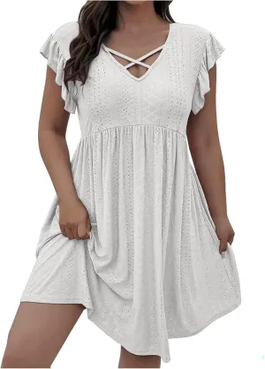 Plus Size Dresses for Curvy Women Criss Cross V Neck Ruffle Sleeve Mini Dress High Waist Hollow Out Lounge Dress