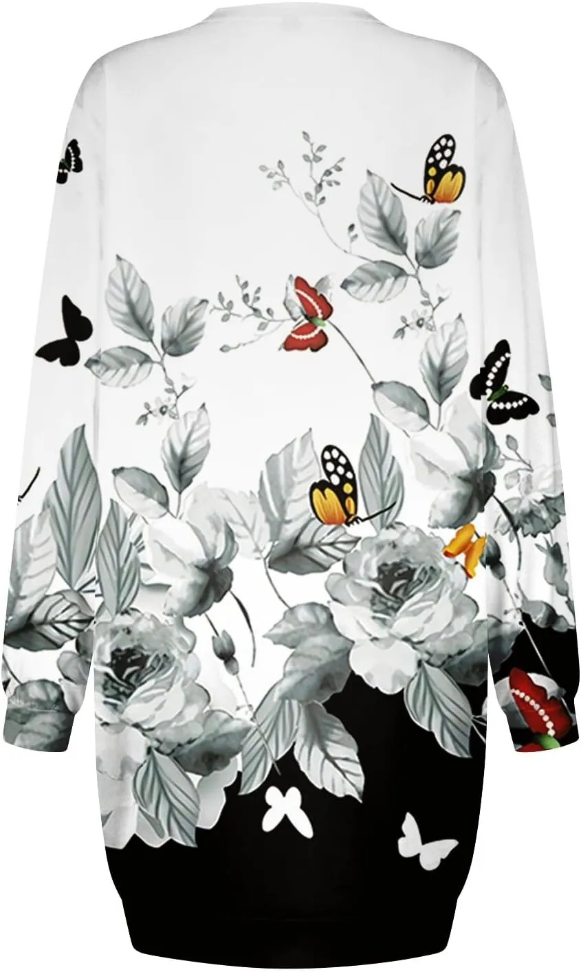 Plus Size Dresses for Curvy Women Fall 2024 Long Sleeve Crew Neck Sweatshirt Dress Floral Peint Mini Dress