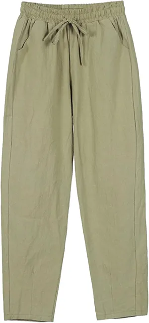 Plus Size Linen Pants Womens Drawstring Elastic Lounge Summer Pants Solid Color Loose Fit Beach Vacation Straight Trousers
