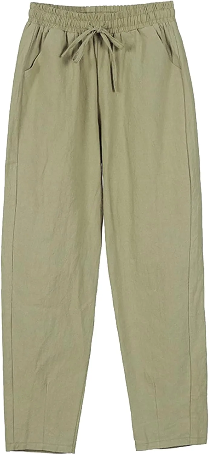 Plus Size Linen Pants Womens Drawstring Elastic Lounge Summer Pants Solid Color Loose Fit Beach Vacation Straight Trousers