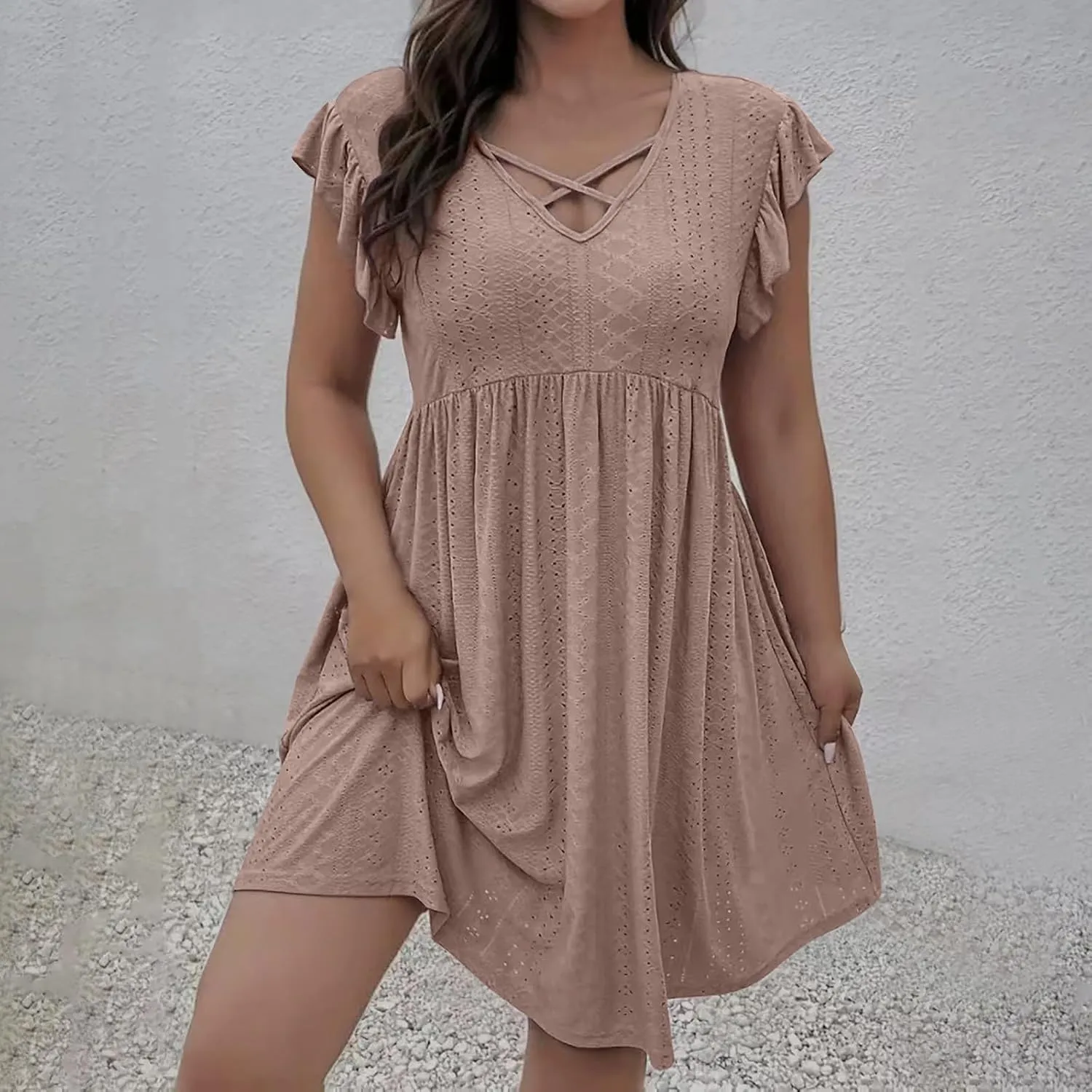 Plus Size Summer Dresses for Curvy Women Eyelet Embroidery Casual Dress Ruffle Sleeve Criss Cross V Neck Dresses