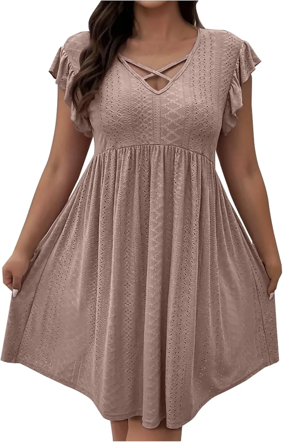 Plus Size Summer Dresses for Curvy Women Eyelet Embroidery Casual Dress Ruffle Sleeve Criss Cross V Neck Dresses