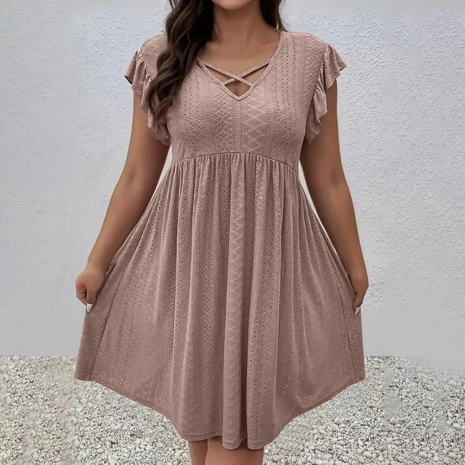 Plus Size Summer Dresses for Curvy Women Eyelet Embroidery Casual Dress Ruffle Sleeve Criss Cross V Neck Dresses