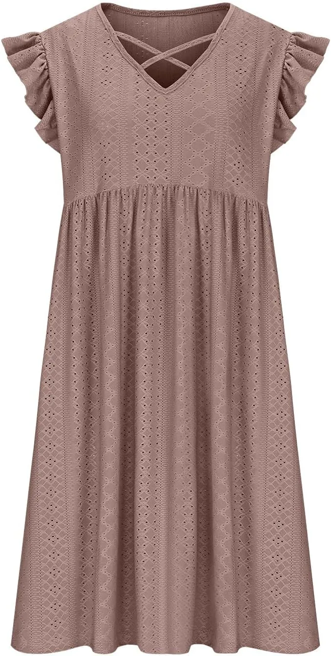 Plus Size Summer Dresses for Curvy Women Eyelet Embroidery Casual Dress Ruffle Sleeve Criss Cross V Neck Dresses