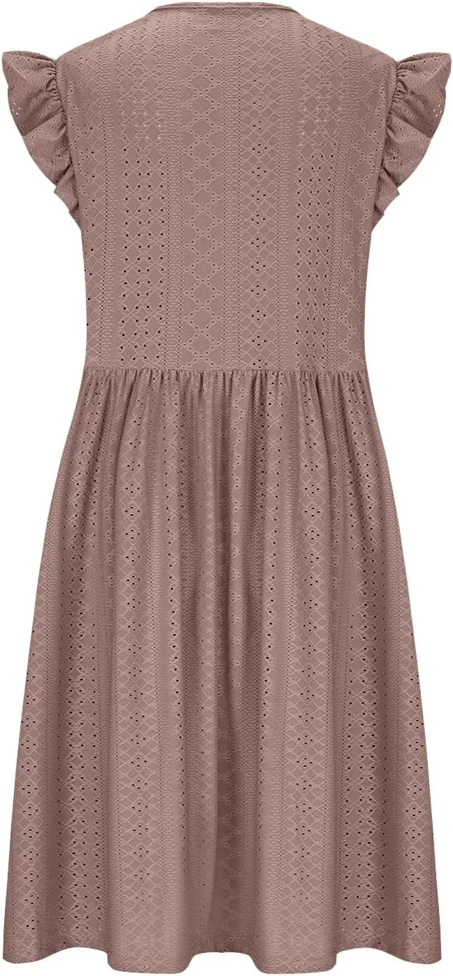 Plus Size Summer Dresses for Curvy Women Eyelet Embroidery Casual Dress Ruffle Sleeve Criss Cross V Neck Dresses