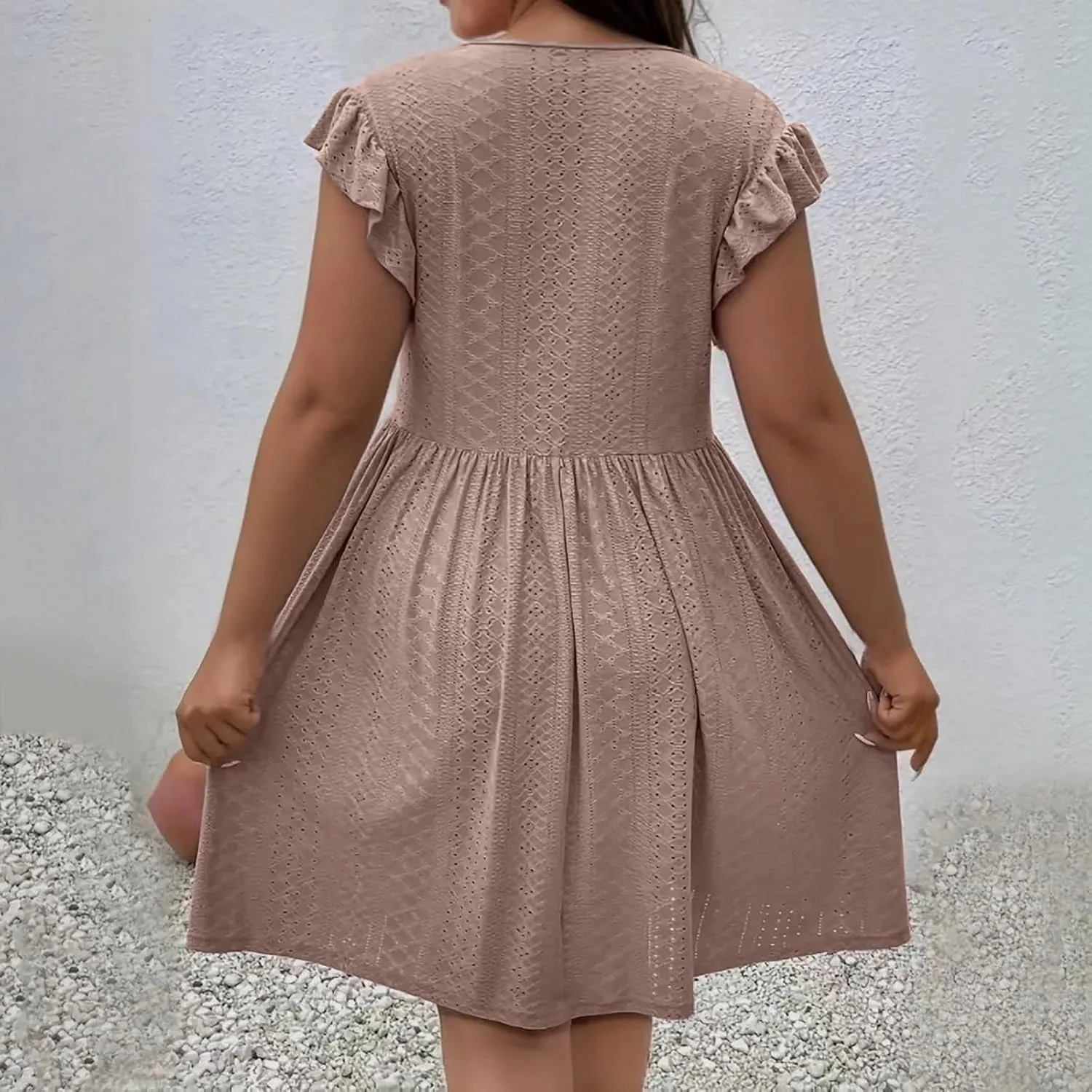 Plus Size Summer Dresses for Curvy Women Eyelet Embroidery Casual Dress Ruffle Sleeve Criss Cross V Neck Dresses