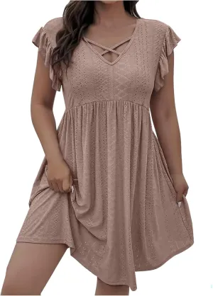 Plus Size Summer Dresses for Curvy Women Eyelet Embroidery Casual Dress Ruffle Sleeve Criss Cross V Neck Dresses