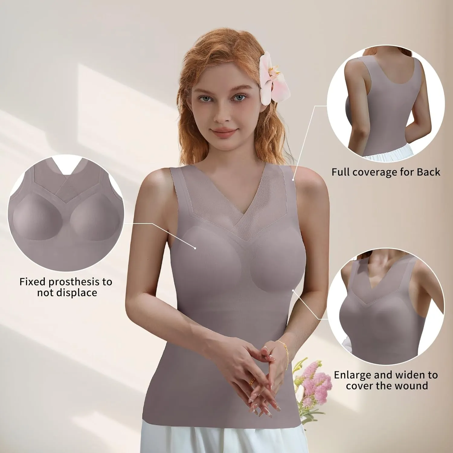 Post Surgery Mastectomy Camisole with Prosthesis Pockets, Women's Recovery Tank Top