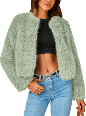 PRETTYGARDEN Women's 2025 Winter Coats Fleece Cropped Jacket Faux Fur Long Sleeve Pockets Shaggy Warm Outerwear Fall Clothes